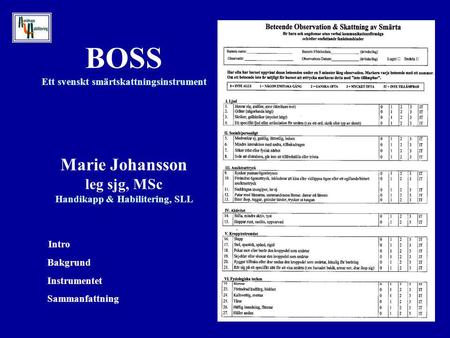 BOSS Ett svenskt smärtskattningsinstrument Marie Johansson leg sjg, MSc Handikapp & Habilitering, SLL Intro Bakgrund Instrumentet Sammanfattning.
