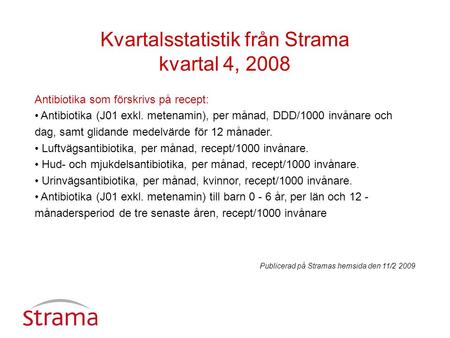 Kvartalsstatistik från Strama kvartal 4, 2008 Antibiotika som förskrivs på recept: Antibiotika (J01 exkl. metenamin), per månad, DDD/1000 invånare och.