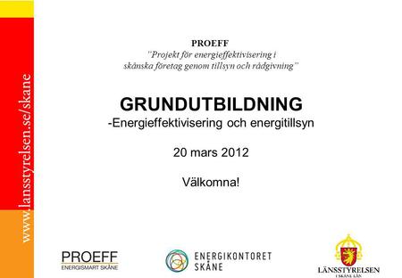 PROEFF ”Projekt för energieffektivisering i skånska företag genom tillsyn och rådgivning” GRUNDUTBILDNING -Energieffektivisering och energitillsyn 20 mars.