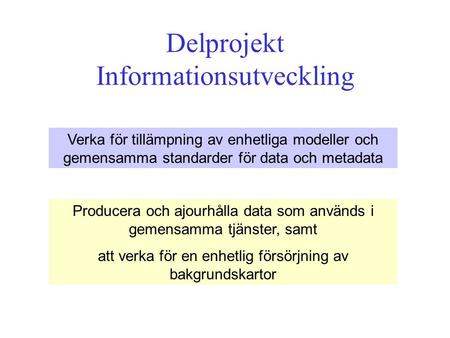Delprojekt Informationsutveckling Verka för tillämpning av enhetliga modeller och gemensamma standarder för data och metadata Producera och ajourhålla.