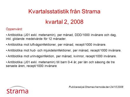 Kvartalsstatistik från Strama kvartal 2, 2008 Öppenvård: Antibiotika (J01 exkl. metenamin), per månad, DDD/1000 invånare och dag, inkl. glidande medelvärde.