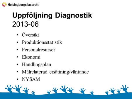 Uppföljning Diagnostik 2013-06 Översikt Produktionsstatistik Personalresurser Ekonomi Handlingsplan Målrelaterad ersättning/väntande NYSAM.
