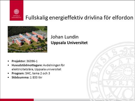Fullskalig energieffektiv drivlina för elfordon Johan Lundin Uppsala Universitet Projektnr: 36396-1 Huvudstödmottagare: Avdelningen för elektricitetslära,