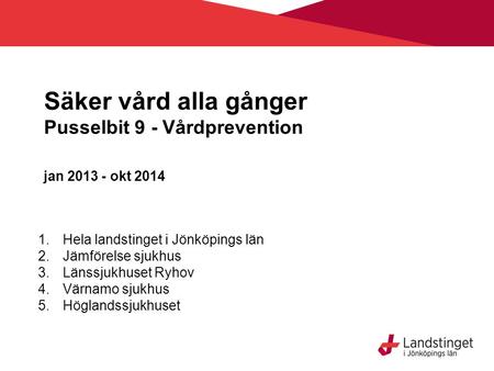 Säker vård alla gånger Pusselbit 9 - Vårdprevention jan 2013 - okt 2014 1.Hela landstinget i Jönköpings län 2.Jämförelse sjukhus 3.Länssjukhuset Ryhov.