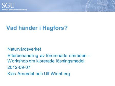 Vad händer i Hagfors? Naturvårdsverket Efterbehandling av förorenade områden – Workshop om klorerade lösningsmedel 2012-09-07 Klas Arnerdal och Ulf Winnberg.