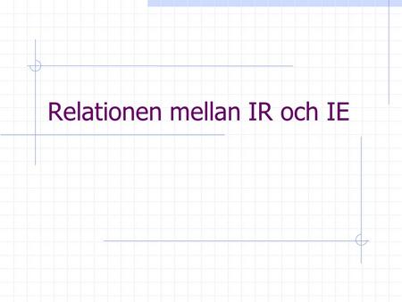 Relationen mellan IR och IE Upplägg Vad är informationsåtkomst (IR)? Skillnader mellan IR och IE Hur kan IR och IE kombineras? Hur har IR och IE kombinerats?