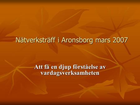 Nätverksträff i Aronsborg mars 2007 Att få en djup förståelse av vardagsverksamheten.