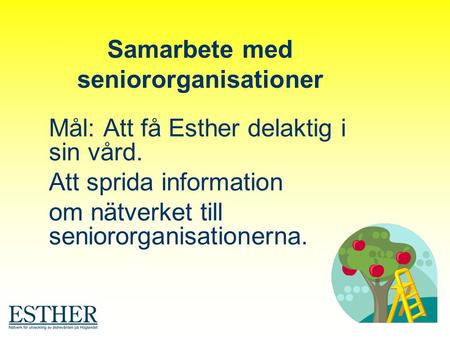 Samarbete med seniororganisationer Mål: Att få Esther delaktig i sin vård. Att sprida information om nätverket till seniororganisationerna.