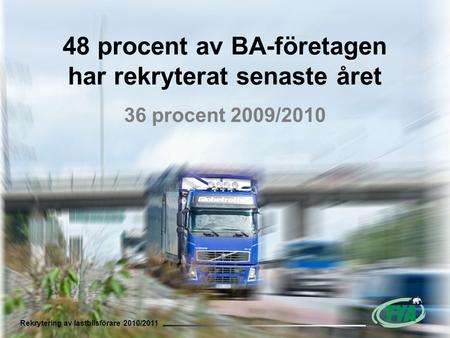 Rekrytering av lastbilsförare 2010/2011 48 procent av BA-företagen har rekryterat senaste året 36 procent 2009/2010 Rekrytering av lastbilsförare 2010/2011.