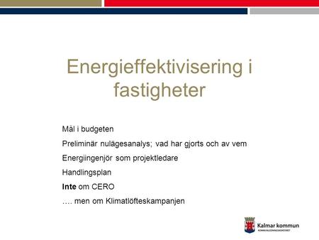 Energieffektivisering i fastigheter Mål i budgeten Preliminär nulägesanalys; vad har gjorts och av vem Energiingenjör som projektledare Handlingsplan Inte.