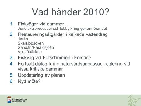 Vad händer 2010? Fiskvägar vid dammar Juridiska processer och lobby kring genomförandet Restaureringsåtgärder i kalkade vattendrag Jerån Skälsjöbäcken.