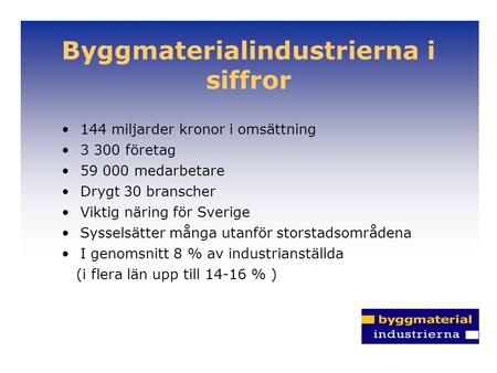 Byggmaterialindustrierna i siffror 144 miljarder kronor i omsättning 3 300 företag 59 000 medarbetare Drygt 30 branscher Viktig näring för Sverige Sysselsätter.