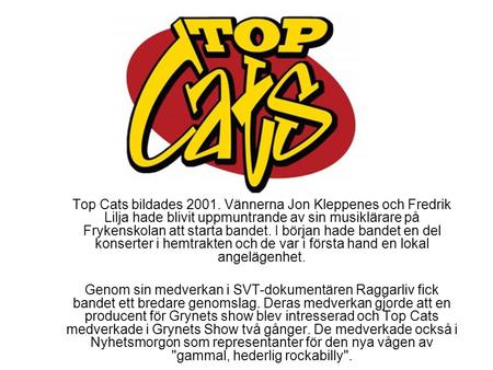 Top Cats bildades 2001. Vännerna Jon Kleppenes och Fredrik Lilja hade blivit uppmuntrande av sin musiklärare på Frykenskolan att starta bandet. I början.