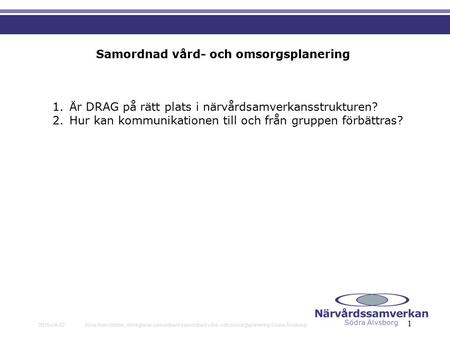 2015-04-02Nina Brandström, delregional samordnare samordnad vård- och omsorgsplanering Södra Älvsborg 1 Samordnad vård- och omsorgsplanering 1.Är DRAG.