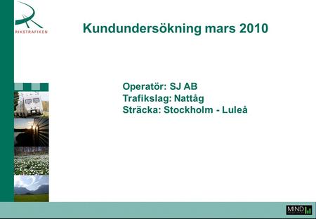 Kundundersökning mars 2010 Operatör: SJ AB Trafikslag: Nattåg Sträcka: Stockholm - Luleå.