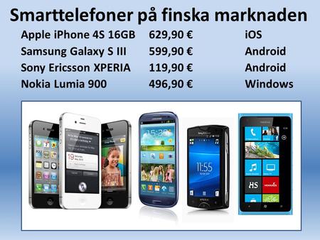 Smarttelefoner på finska marknaden Apple iPhone 4S 16GB629,90 €iOS Samsung Galaxy S III599,90 €Android Sony Ericsson XPERIA119,90 €Android Nokia Lumia.