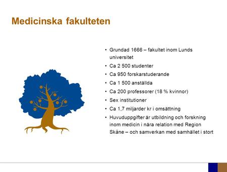Medicinska fakulteten Grundad 1666 – fakultet inom Lunds universitet Ca 2 500 studenter Ca 950 forskarstuderande Ca 1 500 anställda Ca 200 professorer.