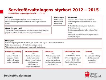 Serviceförvaltningens styrkort 2012 – 2015 Fastställt av regionstyrelsen 2011-12-19 Serviceförvaltningen Affärsidé Som en del av Region Gotland utvecklar.