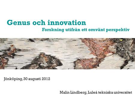 Genus och innovation Forskning utifrån ett omvänt perspektiv Jönköping, 30 augusti 2012 Malin Lindberg, Luleå tekniska universitet.