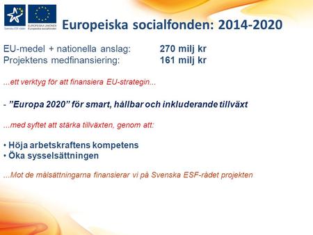 Europeiska socialfonden: 2014-2020 EU-medel + nationella anslag:270 milj kr Projektens medfinansiering:161 milj kr...ett verktyg för att finansiera EU-strategin...