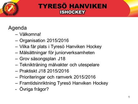 1 Agenda –Välkomna! –Organisation 2015/2016 –Vilka får plats i Tyresö Hanviken Hockey –Målsättningar för juniorverksamheten –Grov säsongsplan J18 –Teknikträning.