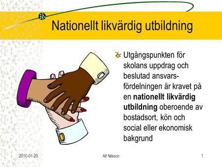2010-01-20Alf Nilsson1 Nationellt likvärdig utbildning Utgångspunkten för skolans uppdrag och beslutad ansvars- fördelningen är kravet på en nationellt.
