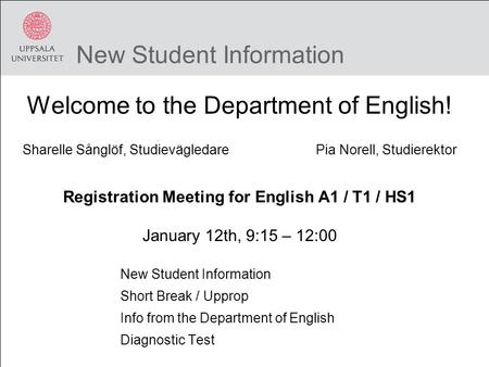 New Student Information Welcome to the Department of English! Sharelle Sånglöf, StudievägledarePia Norell, Studierektor Registration Meeting for English.
