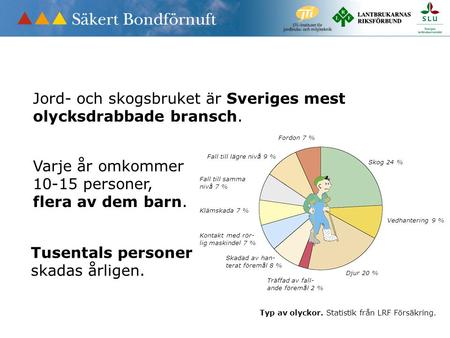 Jord- och skogsbruket är Sveriges mest olycksdrabbade bransch. Varje år omkommer 10-15 personer, flera av dem barn. Skog 24 % Vedhantering 9 % Djur 20.