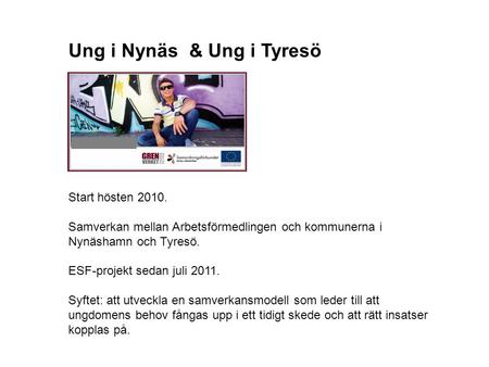 Ung i Nynäs & Ung i Tyresö Start hösten 2010. Samverkan mellan Arbetsförmedlingen och kommunerna i Nynäshamn och Tyresö. ESF-projekt sedan juli 2011. Syftet: