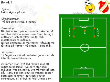 Fotbollskolan barn födda 2002 Bollek 1 Syfte: Lek – skjuta på mål Organisation: Två lag enligt skiss. 5 koner. Anvisning: När tränaren ropar ett nummer.