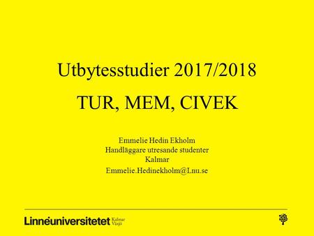Utbytesstudier 2017/2018 TUR, MEM, CIVEK Emmelie Hedin Ekholm Handläggare utresande studenter Kalmar