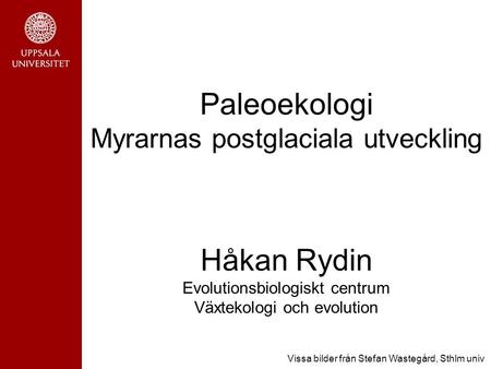 Paleoekologi Myrarnas postglaciala utveckling Håkan Rydin Evolutionsbiologiskt centrum Växtekologi och evolution Vissa bilder från Stefan Wastegård, Sthlm.
