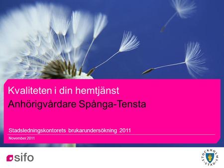 11 Kvaliteten i din hemtjänst Stadsledningskontorets brukarundersökning 2011 November 2011 Anhörigvårdare Spånga-Tensta.