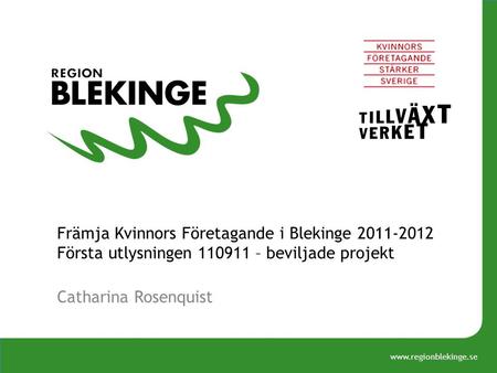 Www.regionblekinge.se Främja Kvinnors Företagande i Blekinge 2011-2012 Första utlysningen 110911 – beviljade projekt Catharina Rosenquist.
