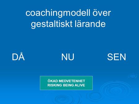 Coachingmodell över gestaltiskt lärande DÅ NU SEN ÖKAD MEDVETENHET RISKING BEING ALIVE.