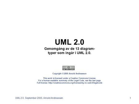 UML 2.0, September 2005, Arnold Andreasson1 UML 2.0 Genomgång av de 13 diagram- typer som ingår i UML 2.0. Copyright © 2005 Arnold Andreasson This work.