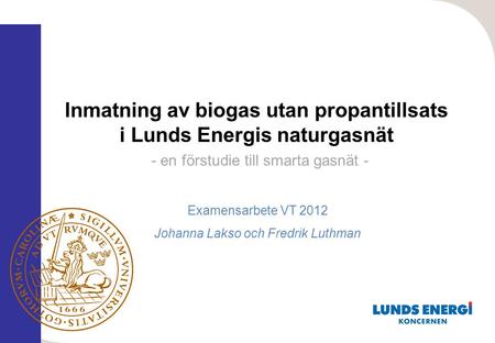 Inmatning av biogas utan propantillsats i Lunds Energis naturgasnät