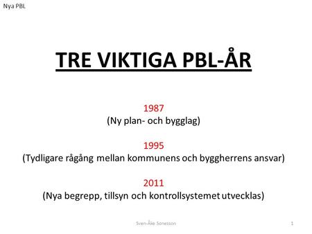 TRE VIKTIGA PBL-ÅR 1987 (Ny plan- och bygglag) 1995