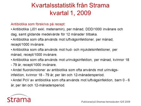 Kvartalsstatistik från Strama kvartal 1, 2009 Antibiotika som förskrivs på recept: • Antibiotika (J01 exkl. metenamin), per månad, DDD/1000 invånare och.