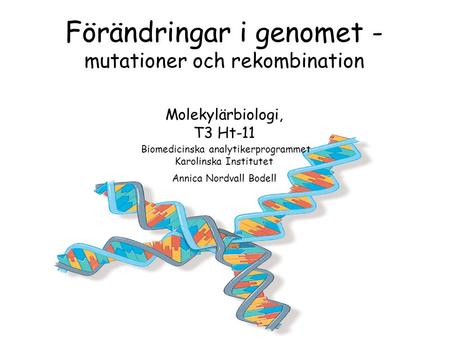 Förändringar i genomet - mutationer och rekombination Molekylärbiologi, T3 Ht-11 Biomedicinska analytikerprogrammet Karolinska Institutet Annica Nordvall.