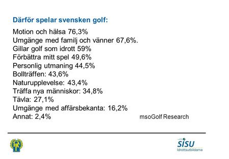 Därför spelar svensken golf: Motion och hälsa 76,3% Umgänge med familj och vänner 67,6%. Gillar golf som idrott 59% Förbättra mitt spel 49,6% Personlig.