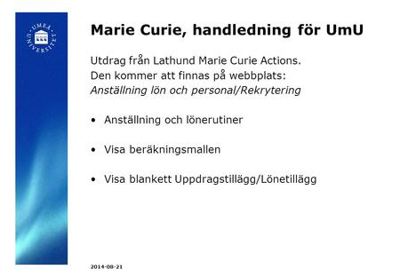 Marie Curie, handledning för UmU