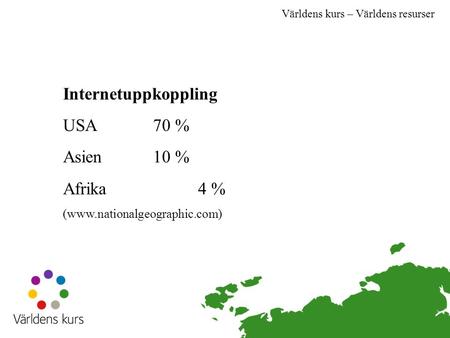 Världens kurs – Världens resurser Internetuppkoppling USA70 % Asien10 % Afrika4 % (www.nationalgeographic.com)