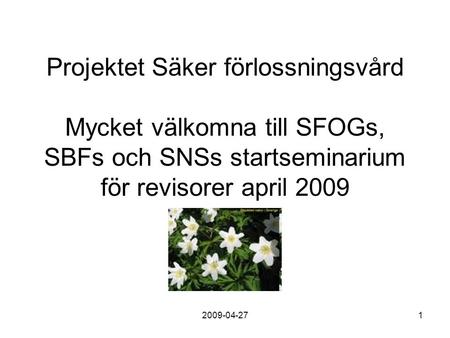 2009-04-271 Projektet Säker förlossningsvård Mycket välkomna till SFOGs, SBFs och SNSs startseminarium för revisorer april 2009.