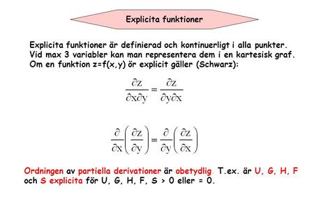 Explicita funktioner Explicita funktioner är definierad och kontinuerligt i alla punkter. Vid max 3 variabler kan man representera dem i en kartesisk graf.