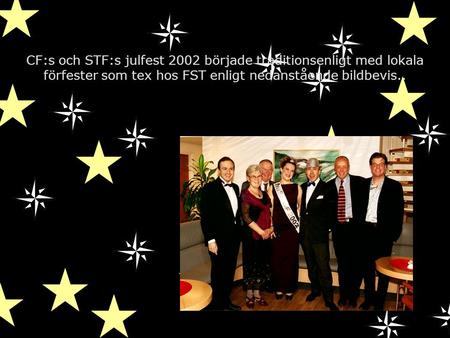 CF:s och STF:s julfest 2002 började traditionsenligt med lokala förfester som tex hos FST enligt nedanstående bildbevis.. Bild ID 1-O08.