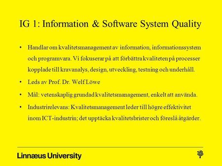 IG 1: Information & Software System Quality Handlar om kvalitetsmanagement av information, informationssystem och programvara. Vi fokuserar på att förbättra.