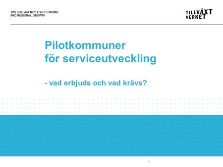 SWEDISH AGENCY FOR ECONOMIC AND REGIONAL GROWTH 1 Pilotkommuner för serviceutveckling - vad erbjuds och vad krävs?