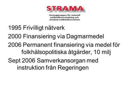 1995 Frivilligt nätverk 2000 Finansiering via Dagmarmedel 2006 Permanent finansiering via medel för folkhälsopolitiska åtgärder, 10 milj Sept 2006 Samverkansorgan.