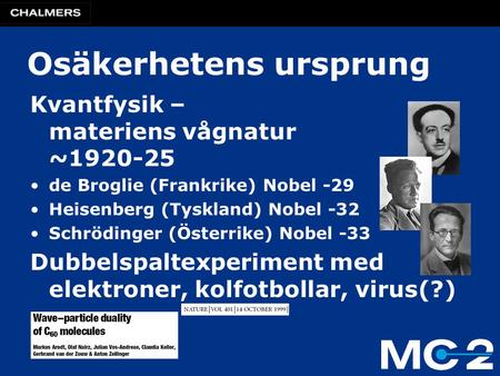 Kvantfysik – materiens vågnatur ~1920-25 de Broglie (Frankrike) Nobel -29 Heisenberg (Tyskland) Nobel -32 Schrödinger (Österrike) Nobel -33 Dubbelspaltexperiment.